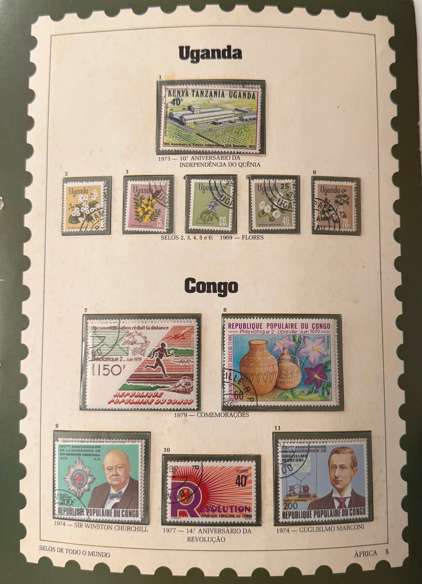 Vintage Uganda + Congo 11 Stamp Collection: A vibrant and visually captivating 11-stamp collection from Uganda and Congo.