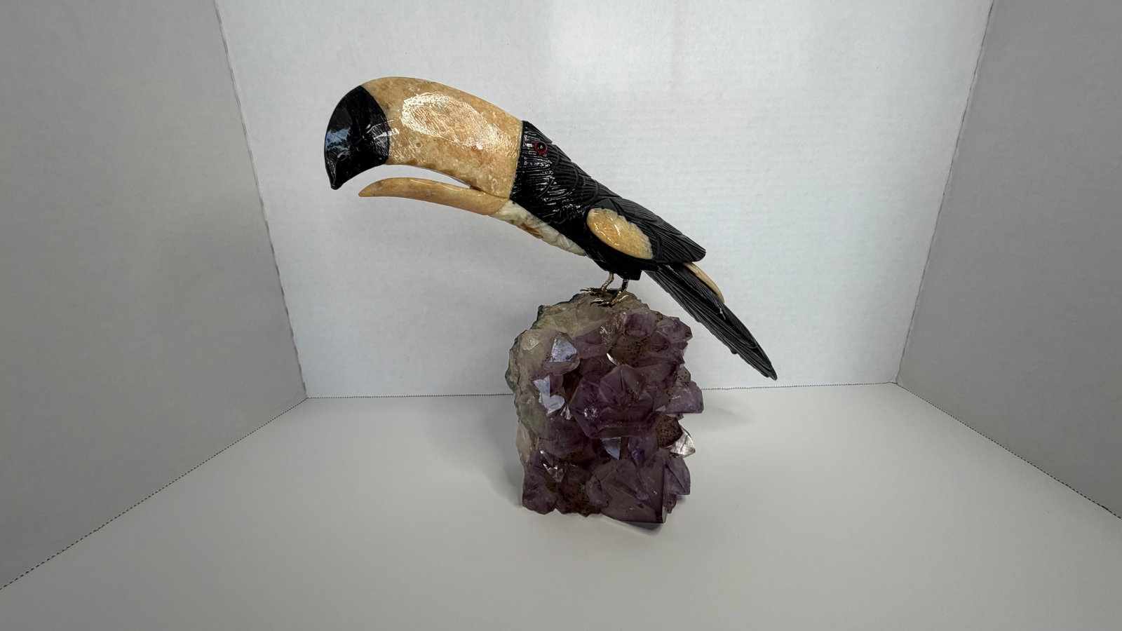 Brazilian Gemstone Toucan Sculpture on Amethyst Cluster (1 of 3)