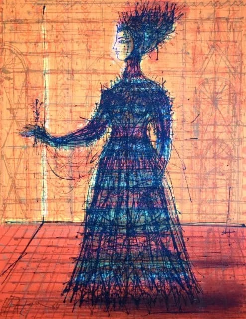 Jean Carzou - La Reine Epineuse: La Reine EpineuseOriginal Lithograph on VellumSigned in the PlateA mesmerizing and mysterious work, La Reine Epineuse ("The Thorn Queen") depicts a regal, otherworldly female figure clothed in an intr