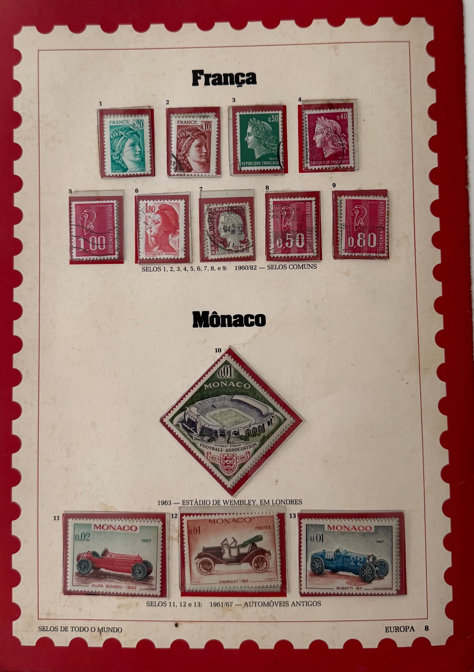 Vintage France + Monaco Stamp Collection; 13 Stamps: A refined and historically rich 9-stamp collection from France, showcasing the iconic Marianne profiles and early 20th-century portrait designs, presented in a variety of colors and denominations. The