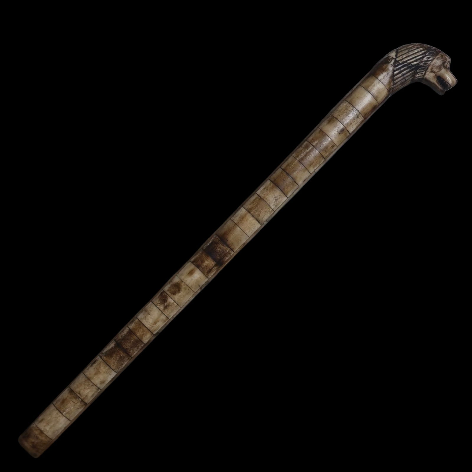 Mughal Islamic Chipped bone Dragon baton or mace: Mughal Islamic Dragon head bone chipped baton mace . Detailed engraving on mace or baton head. Length = 21 inches aprrox. " HAPPY BIDDING "
