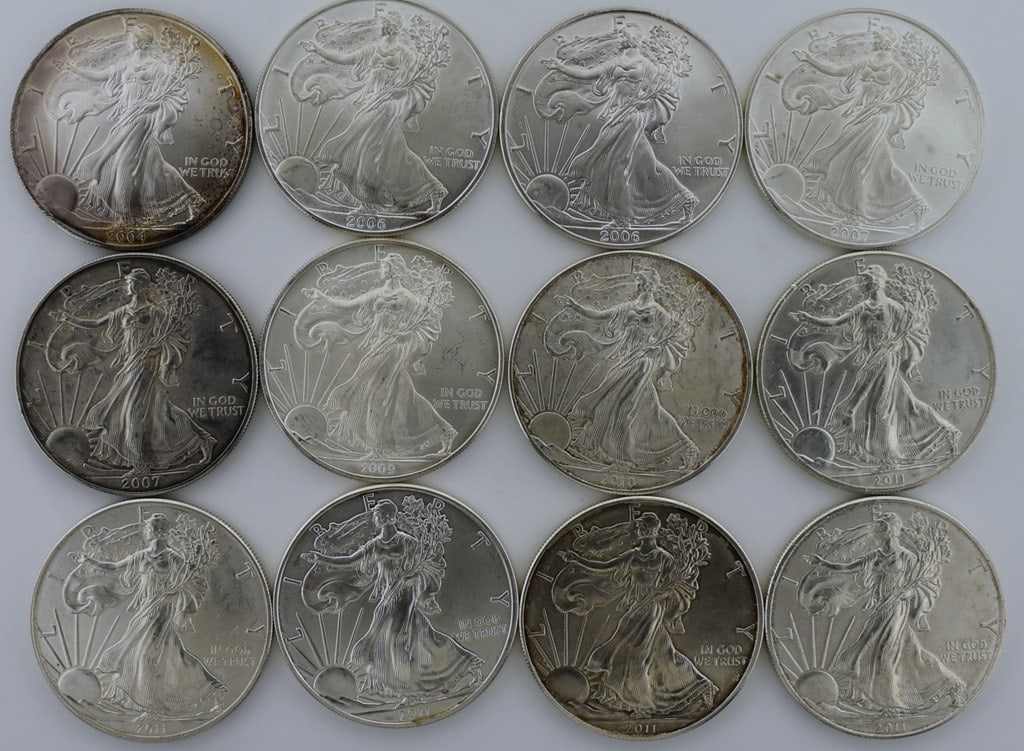 12 BU American Eagle 1 Oz. Fine Silver Coins (2004, 2006 – 2, 2007 – 2, 2009, 2010, 2011 (1 of 14)