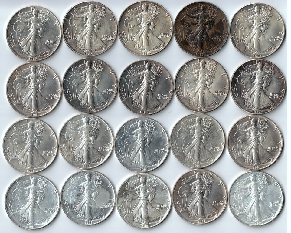 20 BU American Eagle 1 Oz. Fine Silver Coins (1987 – 6, 1988 – 2, 1989 – 1, 1991 & (1 of 6)