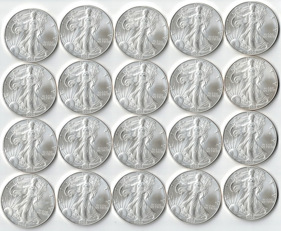 20 Brilliant Uncirculated 2002 American Eagle Coins, 1 Oz. Fine Silver Each (1 of 5)