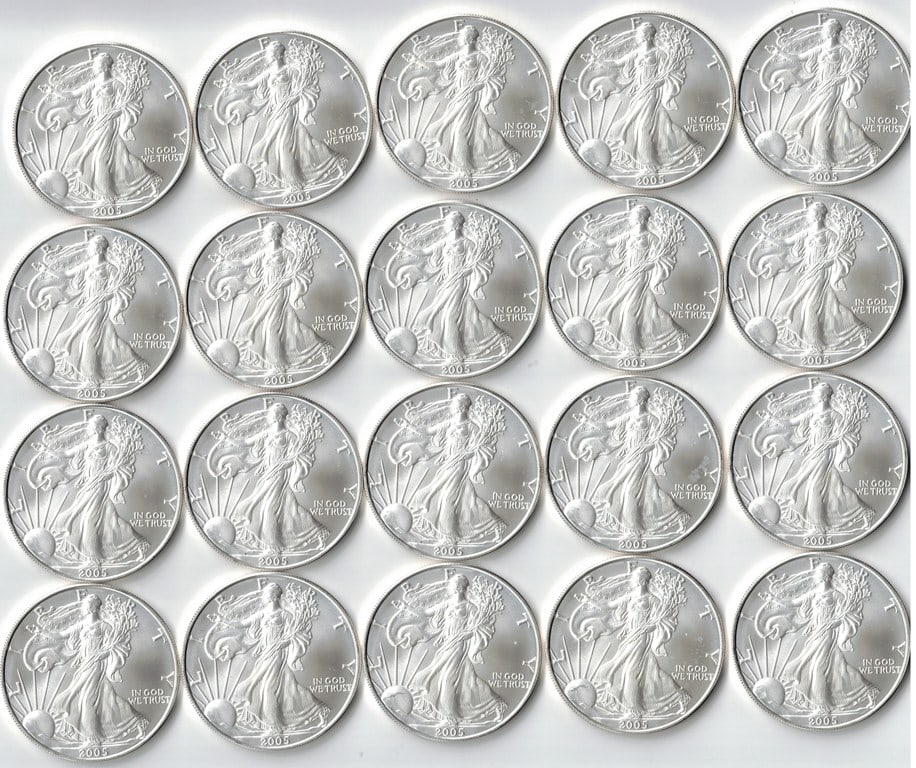 20 Brilliant Uncirculated 2005 American Eagle Coins, 1 Oz. Fine Silver Each (1 of 5)