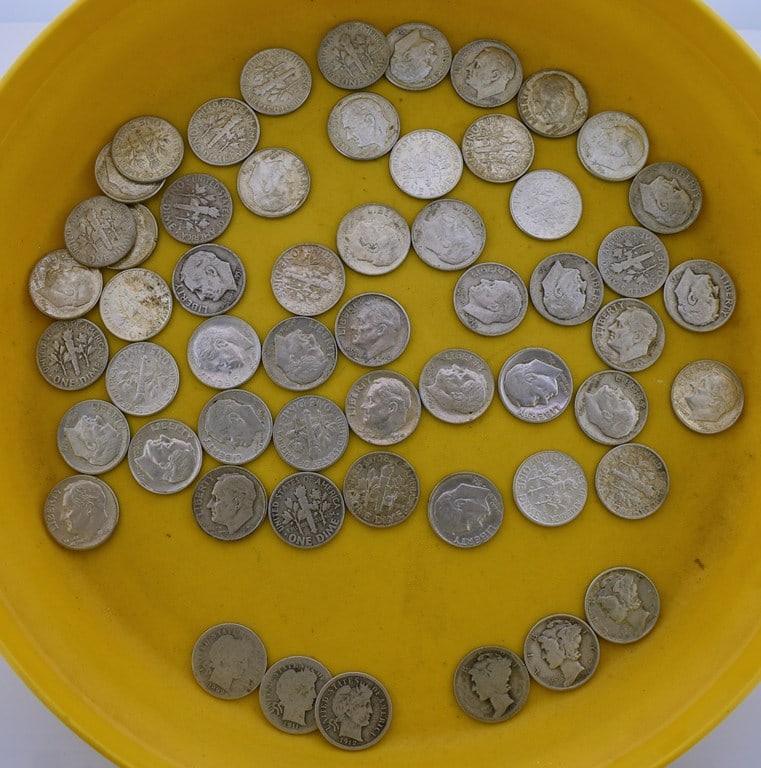 56 Circulated Silver Dimes (3 Barber, 3 Mercury, 50 Roosevelt) (1 of 8)