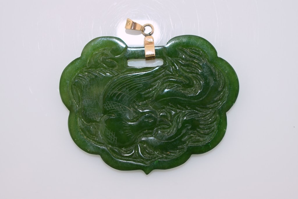 Vintage Chinese Carved Jadeite Yin-Yang Reversible Pendant w/ Carved Dragon/Phoenix, 18K Gold Bail (1 of 5)
