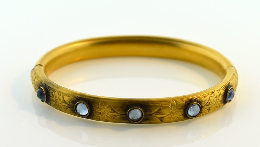 Vintage Gold-Filled Bangle Clasp Bracelet with Engraved Top & Glass Moonstone Cabochons (1 of 5)