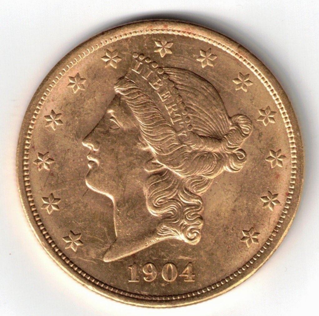 1904 $20 American Liberty Head Gold Coin, 0.9675 Troy Oz. Fine Gold (1 of 2)