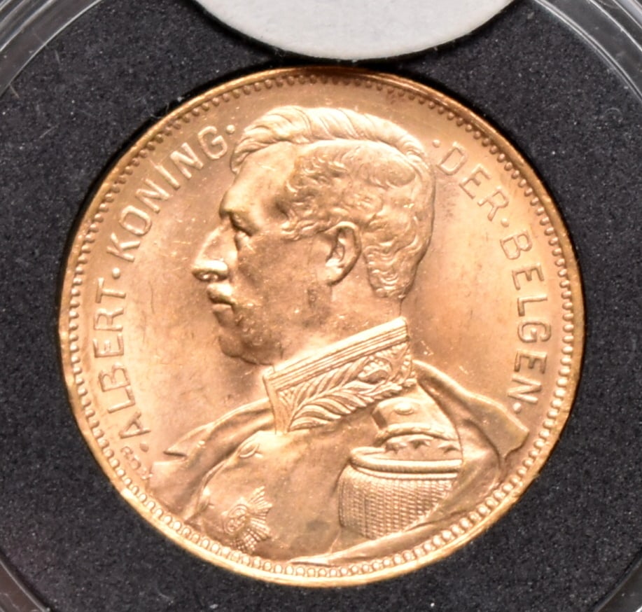 1914 20 F. Belgium Albert Koning Gold Coin, 0.1867 Troy Oz. Fine Gold (1 of 3)