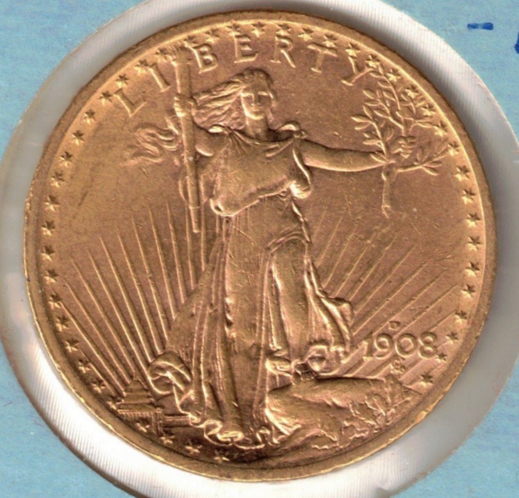 1908 $20 American St. Gaudens Gold Coin, 0.9675 Troy Oz. Fine Gold (1 of 2)