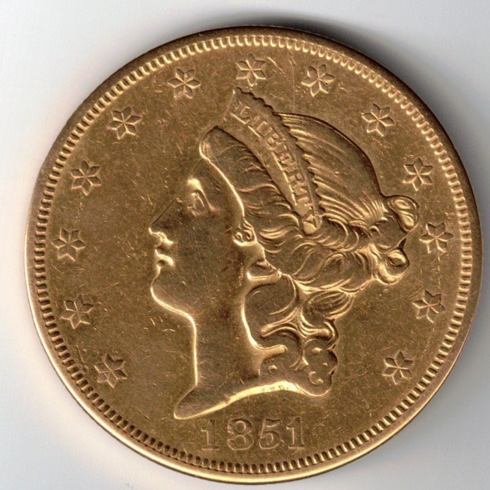 1851-O $20 American Liberty Head Gold Coin, Low Mintage, 0.9675 Troy Oz. Fine Gold (1 of 2)