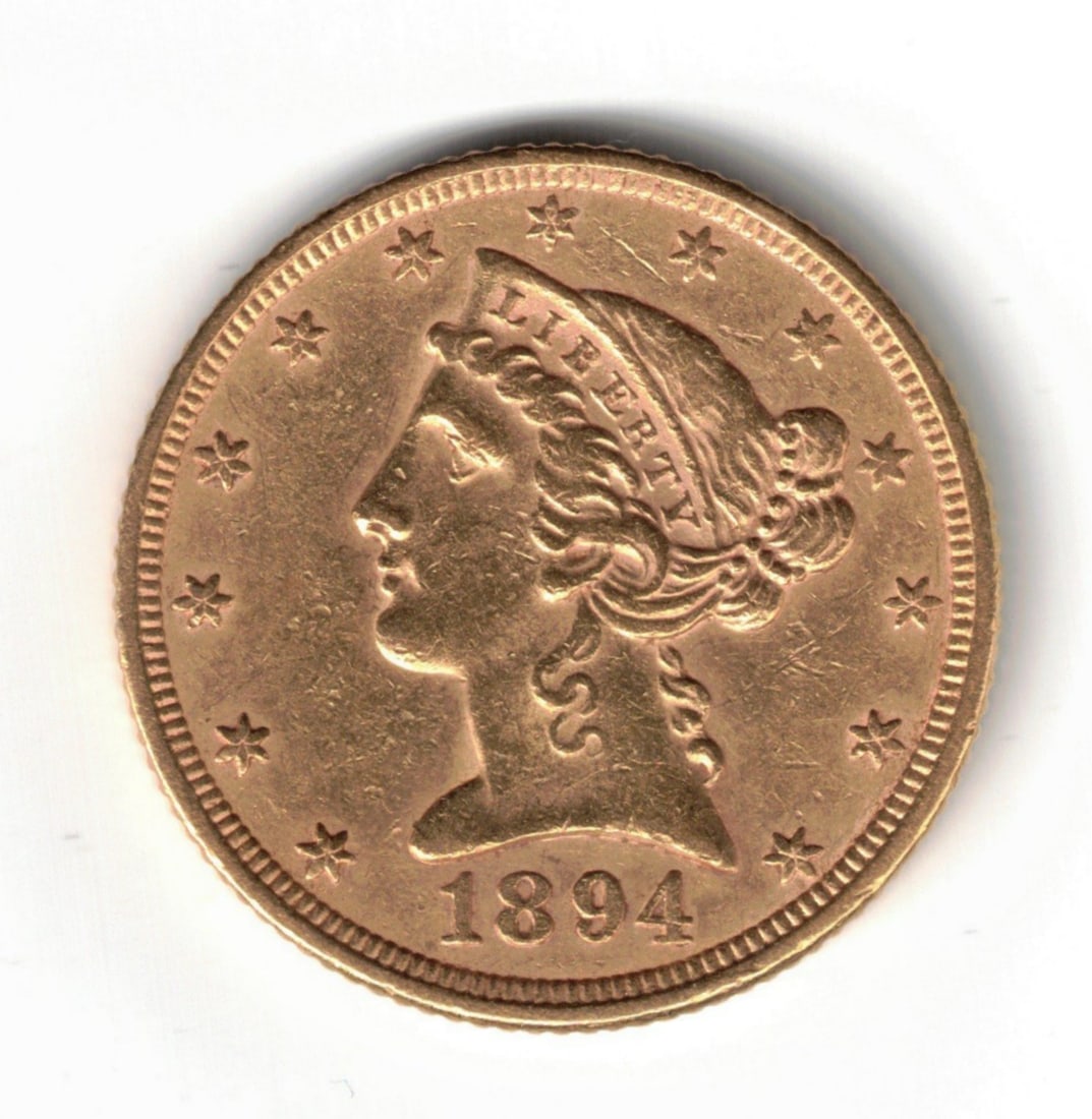 1894 $5 American Liberty Head Gold Coin, 0.2419 Troy Oz. Fine Gold (1 of 2)