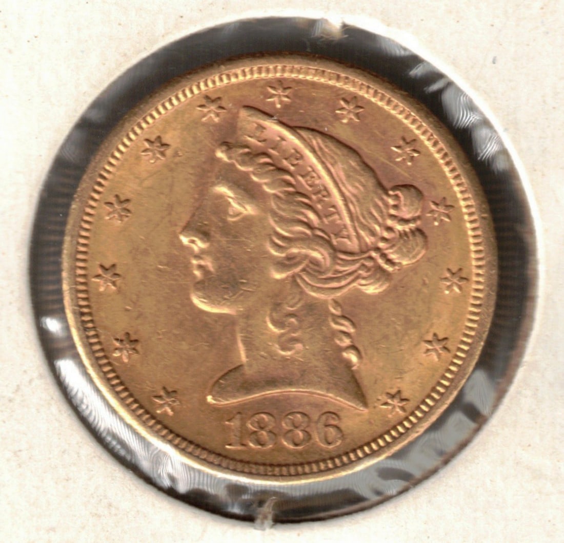 1886-S $5 American Liberty Head Gold Coin, 0.2419 Troy Oz. Fine Gold (1 of 4)