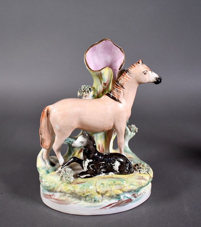 Pair of 19th Century English Staffordshire Spill Vases, Horses with Foals: 6.5 inches H. In good condition with some crazing on one vase. Please read “Auction Details” / “Terms of Sale” for preview, payment, pickup, shipping and other instructions. Lo