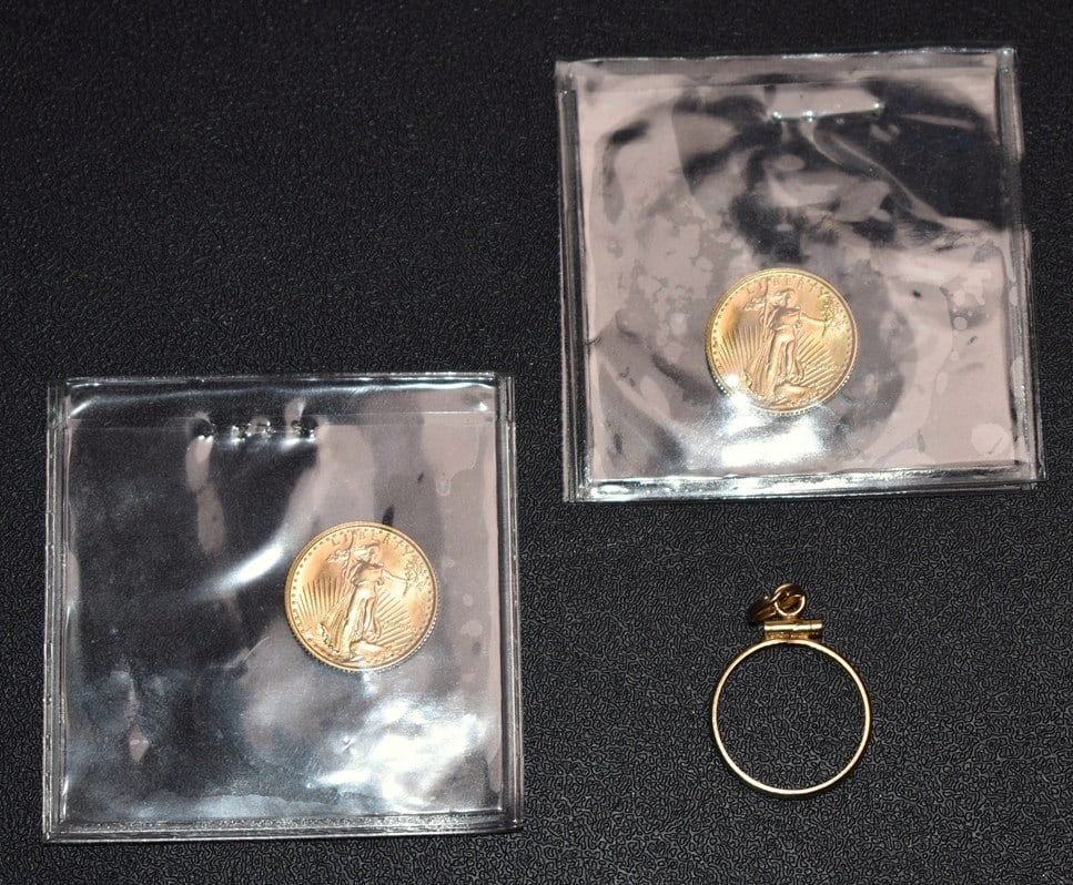 Two 1990 US 1/10 Oz. Gold Bullion Coins ($5) 0.2 Troy Oz Fine Gold Total & 14K Pendant Ring (1 of 7)