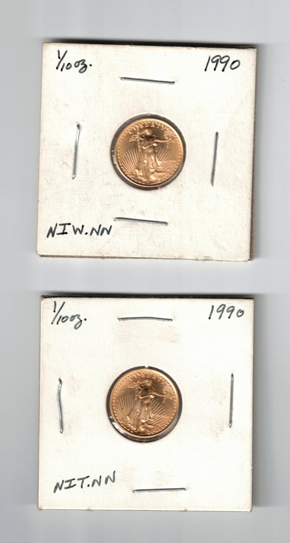 Two 1990 US 1/10 Oz. Gold Bullion Coins ($5) 0.2 Troy Oz Fine Gold Total (1 of 6)