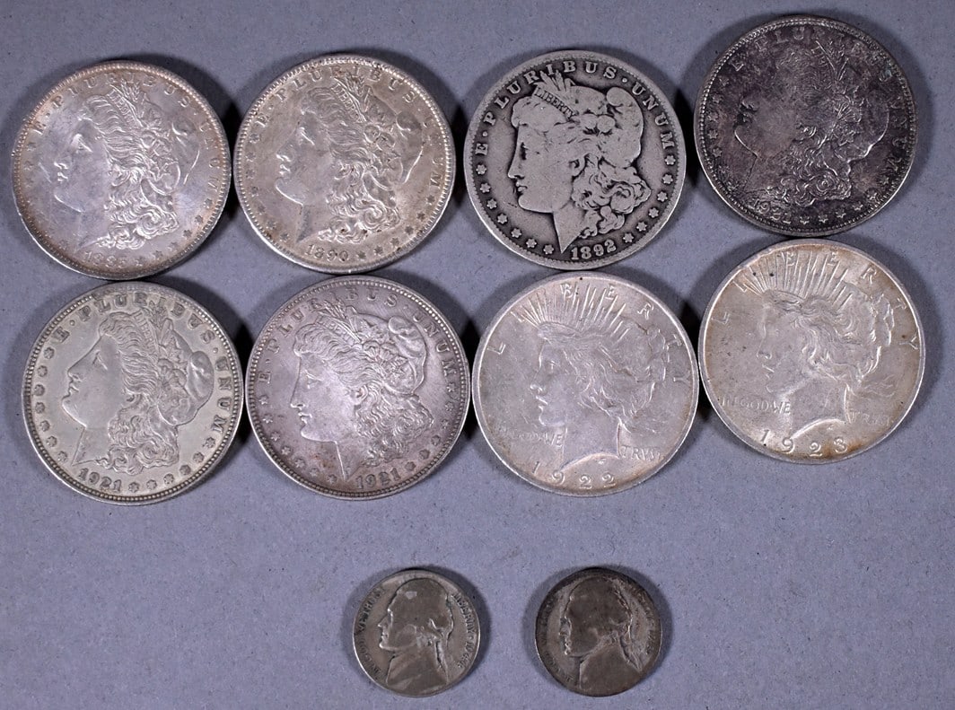 Eight US Silver Dollars (90%) and Two 1943 Silver War Nickles (35%) (1 of 8)