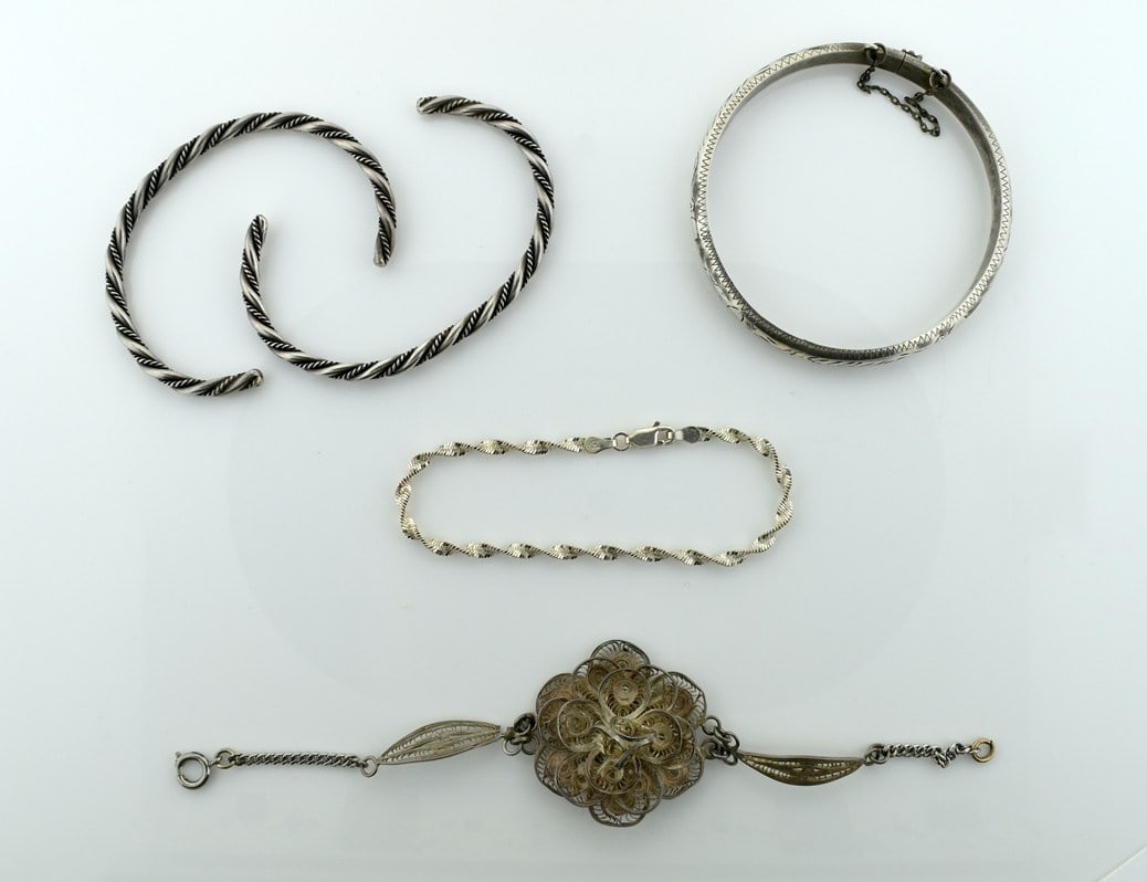 Five Vtg. 925 Silver Bracelets: Pair of Twist Cuffs, Engraved Clasp Bangle, Filigree Band & 7” (1 of 8)