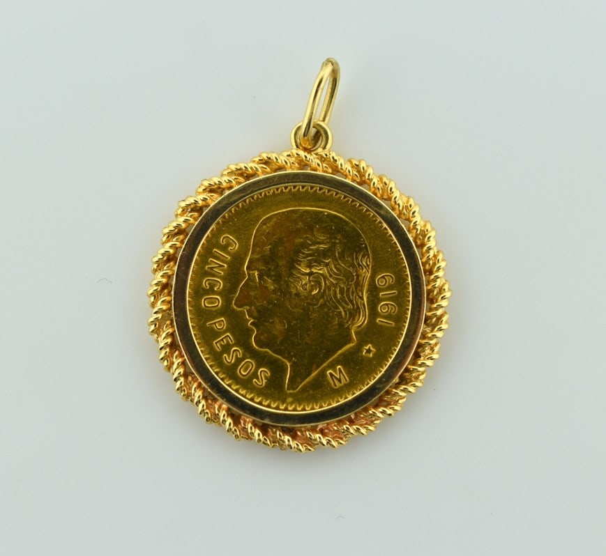 1919 Mexico Five Pesos Coin (0.1206 Troy Oz. Fine Gold) in 14K Pendant Frame (1 of 3)
