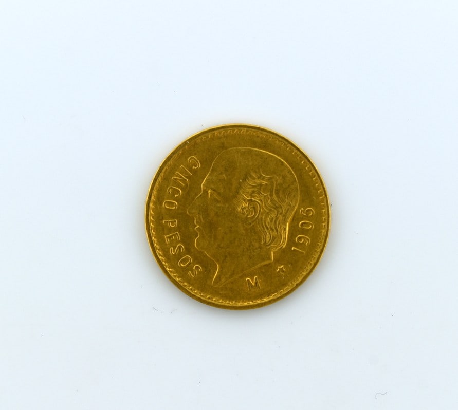 1906 Mexico Five Pesos Gold Coin, 0.1206 Troy Oz. Fine Gold (1 of 2)