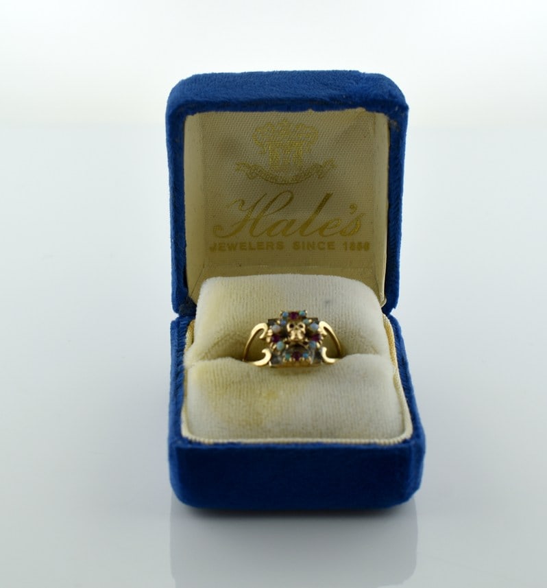 Vintage 14k Gold Opals and Rubies Skull & Crossbones Memento Mori Ring, Size 6.5 (1 of 9)