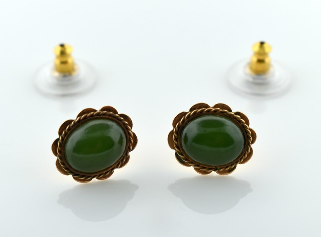 Pair of 14K Gold Earrings with Chrysoprase Cabochons (1 of 2)