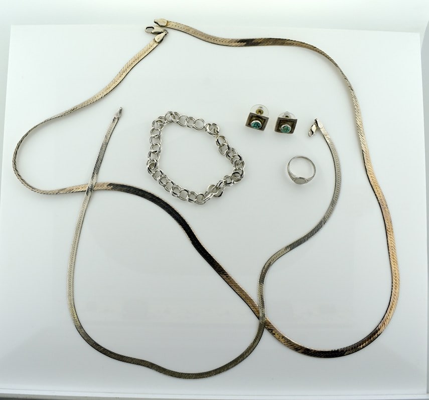 Lot of Sterling Silver Jewelry: 30” & 18” Herringbone Necklaces, 7.5” Charm Bracel (1 of 9)