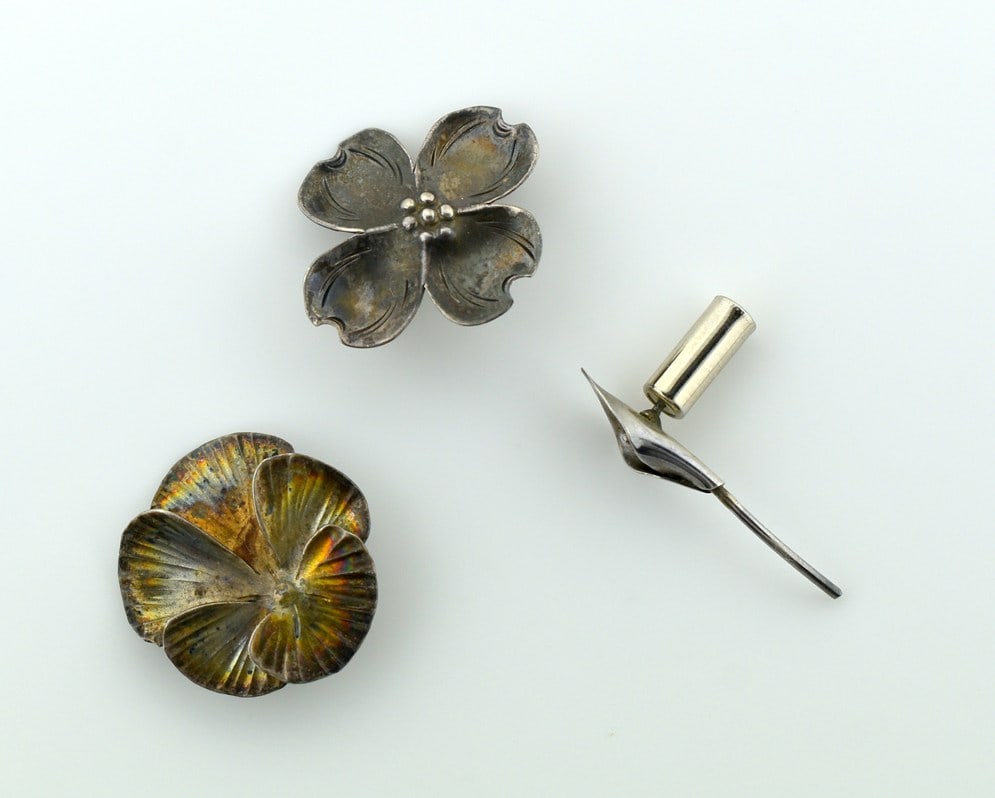 Three Vintage Stuart Nye (Asheville, NC) Sterling Silver Flower Pins: Pansy, Dogwood & Calla Lilly (1 of 4)