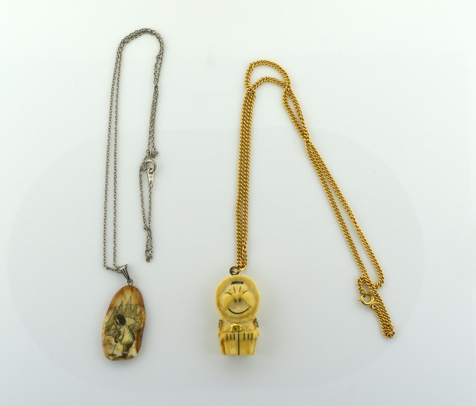 Two Vintage Eskimo Art Carved Natural Pendant Necklaces, One with Gold Nugget: Please read “Auction Details” / “Terms of Sale” for preview, payment, pickup, shipping and other instructions. Lot includes the item(s) described in the title.