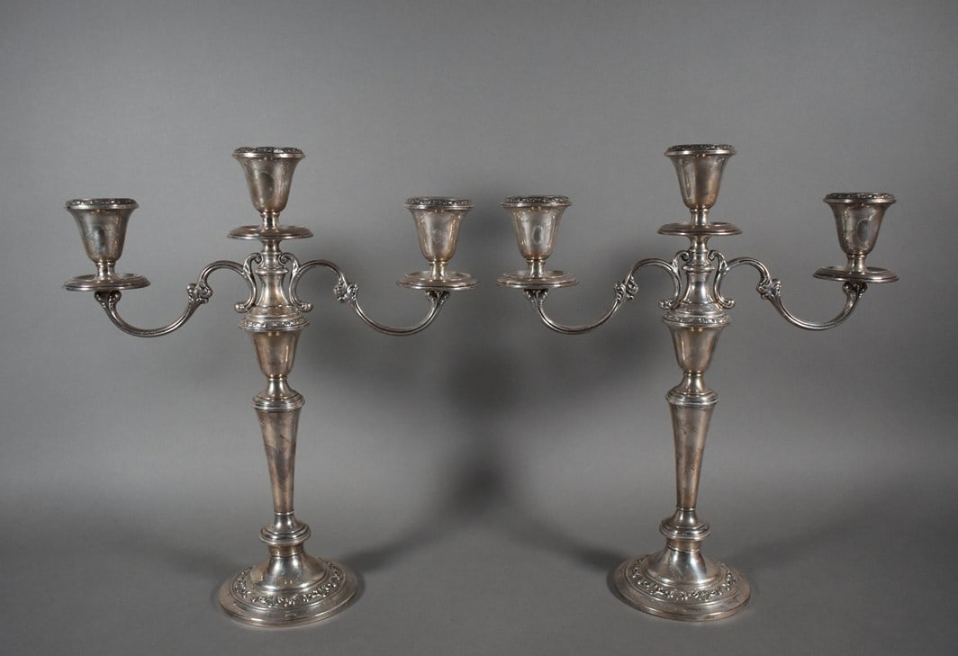 Pair of Gorham #1130 Sterling Silver Weighted Three-Light Candelabras w/ Detachable Candlesticks (1 of 6)