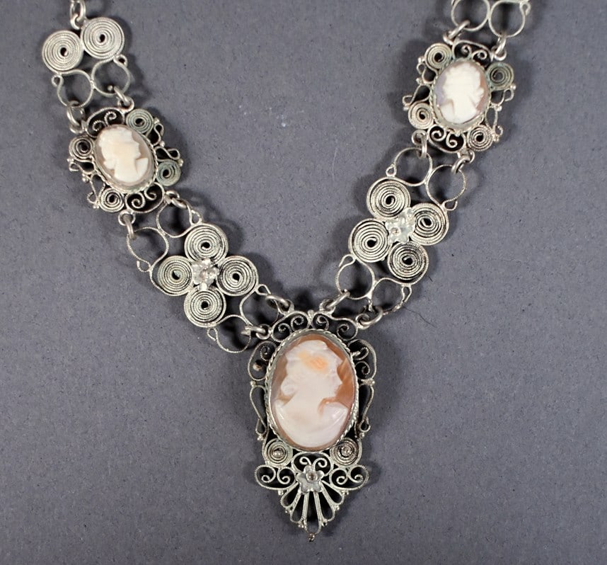Antique Silver Alloy Filigree Shell Cameo Lavalier 18” Necklace: Please read “Auction Details” / “Terms of Sale” for preview, payment, pickup, shipping and other instructions. Lot includes the item(s) described in the title.
