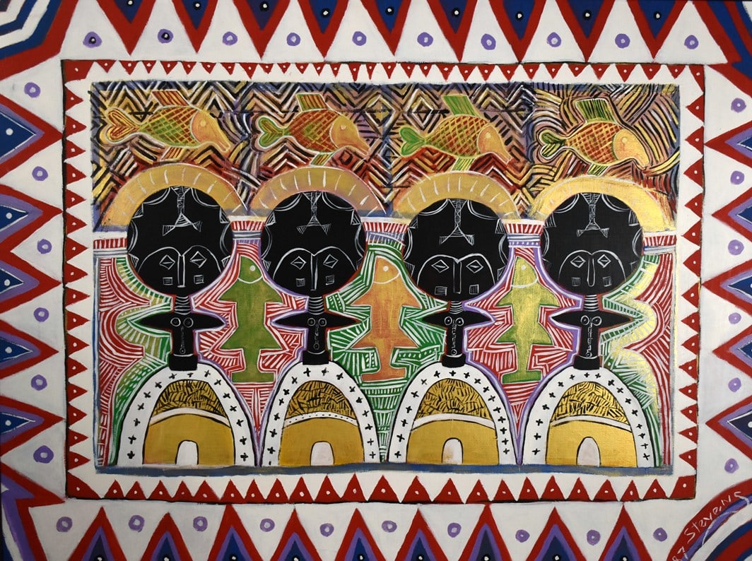 Guy Stevens (South Carolina, 1927-2013) “Ghana” Oil on Canvas, Signed Lower Right: 36 x 47.5 inches sight, 37 x 49 inches framed. Please read “Auction Details” / “Terms of Sale” for preview, payment, pickup, shipping and other instructions. Lot includes the i