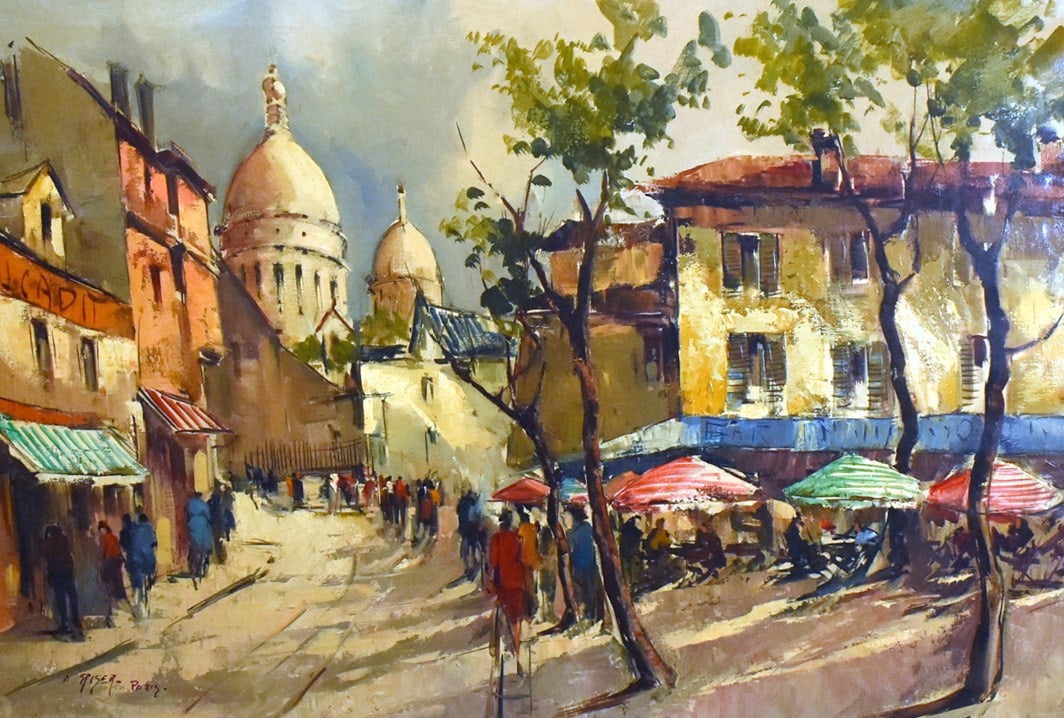 A. Riser (XX) Mid-Century Paris Scene, Oil on Canvas, Signed Lower Left: 23.5 x 35.5 inches sight, 32 x 44 inches framed. Please read “Auction Details” / “Terms of Sale” for preview, payment, pickup, shipping and other instructions. Lot includes the