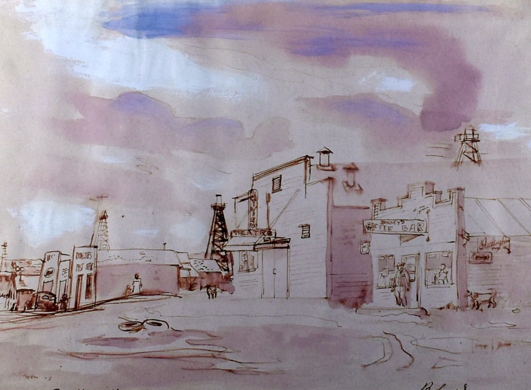 Aaron Bohrod (American, 1907-1992) “Royalties, Alberta” Ink & Waterwash, Signed Lower Ri: Sight: 9.5 x 13.5 inches. Framed: 18.25 x 22 inches. Please read “Auction Details” / “Terms of Sale” for preview, payment, pickup, shipping and other instructions. Lot includes