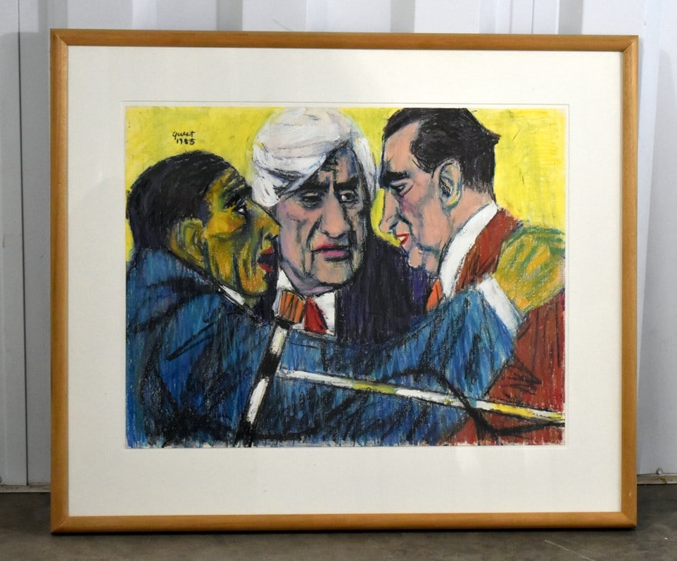 Charles Quest (American, 1904-93) “Nixon, O’Neill, Marcos” Pastel, Signed Upper Le: 19.5 x 26 inches sight, x 29 x 34.5 inches framed. Please read “Auction Details” / “Terms of Sale” for preview, payment, pickup, shipping and other instructions. Lot includes t