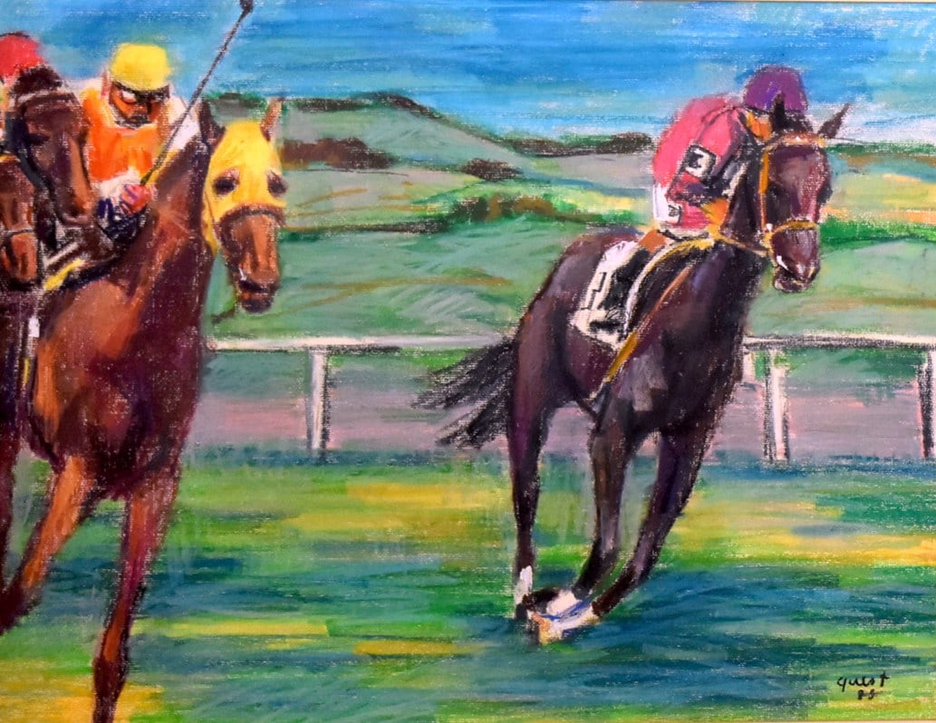 Charles Quest (Amer., 1904-93) “Horse Race, Doncaster, Eng.” Oil Pastel on Linen, Signed: 18.5 x 24.5 inches sight, 32 x 37 inches framed. Please read “Auction Details” / “Terms of Sale” for preview, payment, pickup, shipping and other instructions. Lot includes the