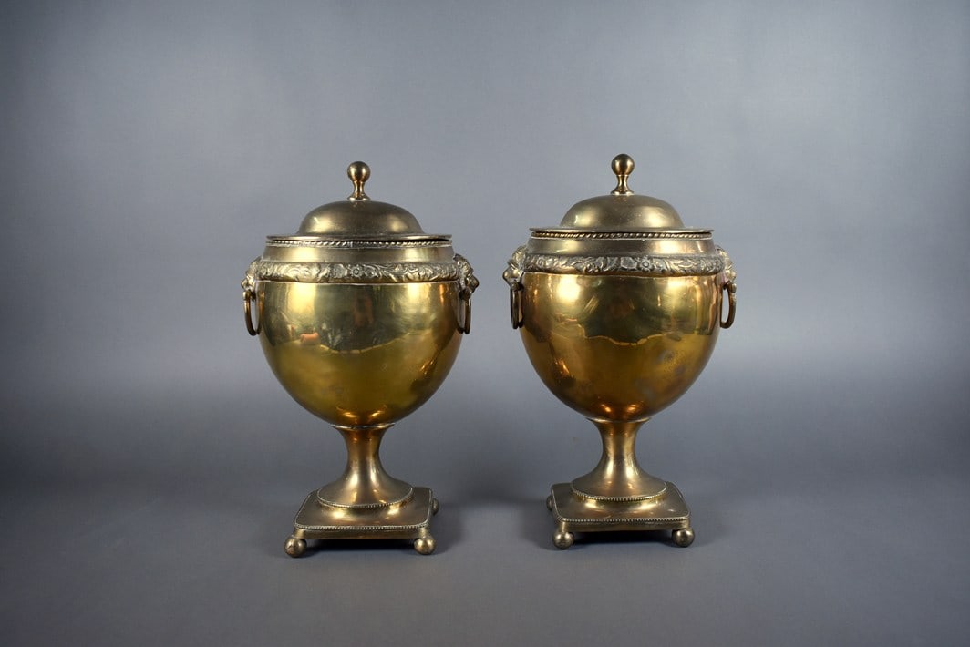 Pair of Mottahedeh Design 12” Brass Urns with Lion Head Rings, India: Please read “Auction Details” / “Terms of Sale” for preview, payment, pickup, shipping and other instructions. Lot includes the item(s) described in the title.