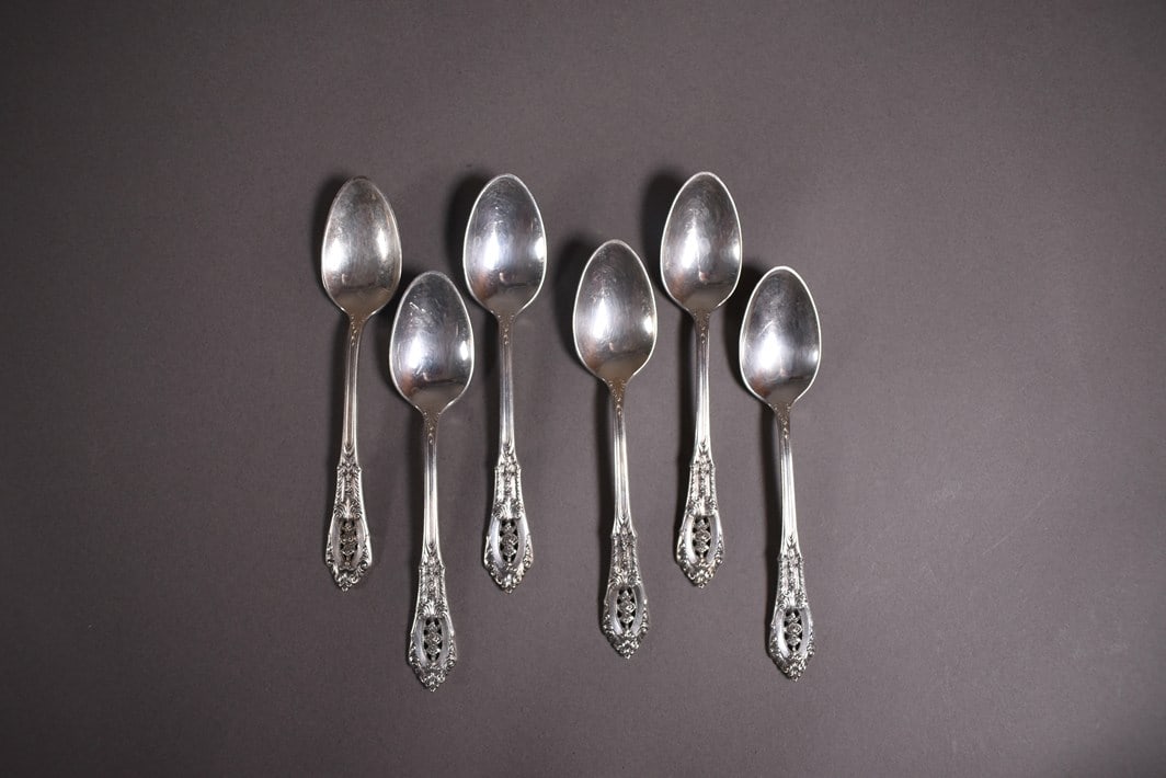 Six Wallace “Rose Point” Sterling Silver Demitasse Spoons, 1934: Please read “Auction Details” / “Terms of Sale” for preview, payment, pickup, shipping and other instructions. Lot includes the item(s) described in the title.