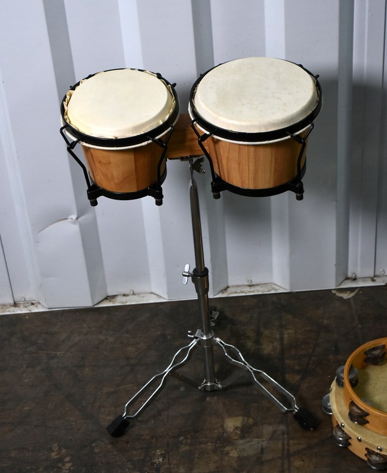 Wooden Bongo Set on Chrome Stand and Two Hand Tambourines - 2
