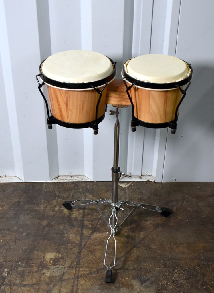 Wooden Bongo Set on Chrome Stand and Two Hand Tambourines - 3