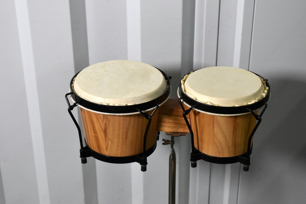 Wooden Bongo Set on Chrome Stand and Two Hand Tambourines - 4