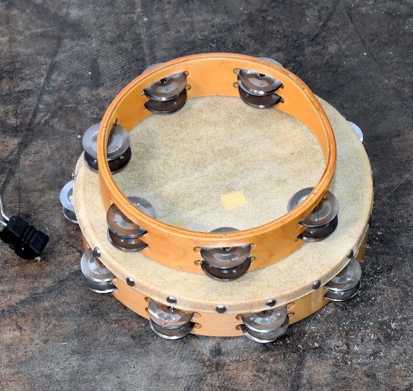 Wooden Bongo Set on Chrome Stand and Two Hand Tambourines - 5