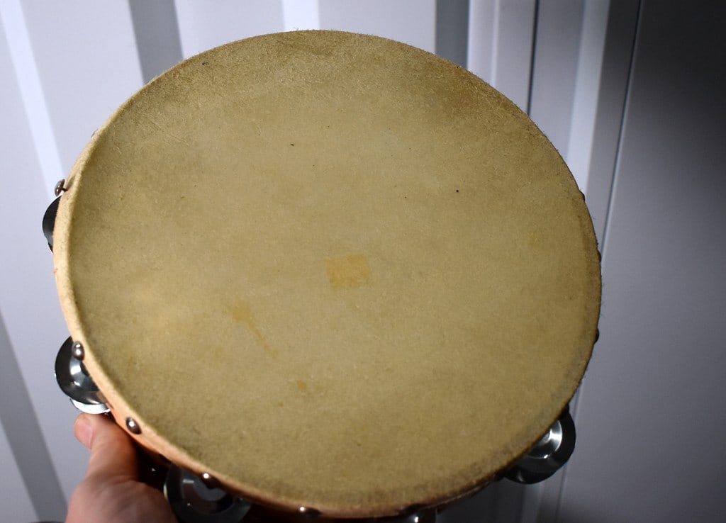 Wooden Bongo Set on Chrome Stand and Two Hand Tambourines - 7