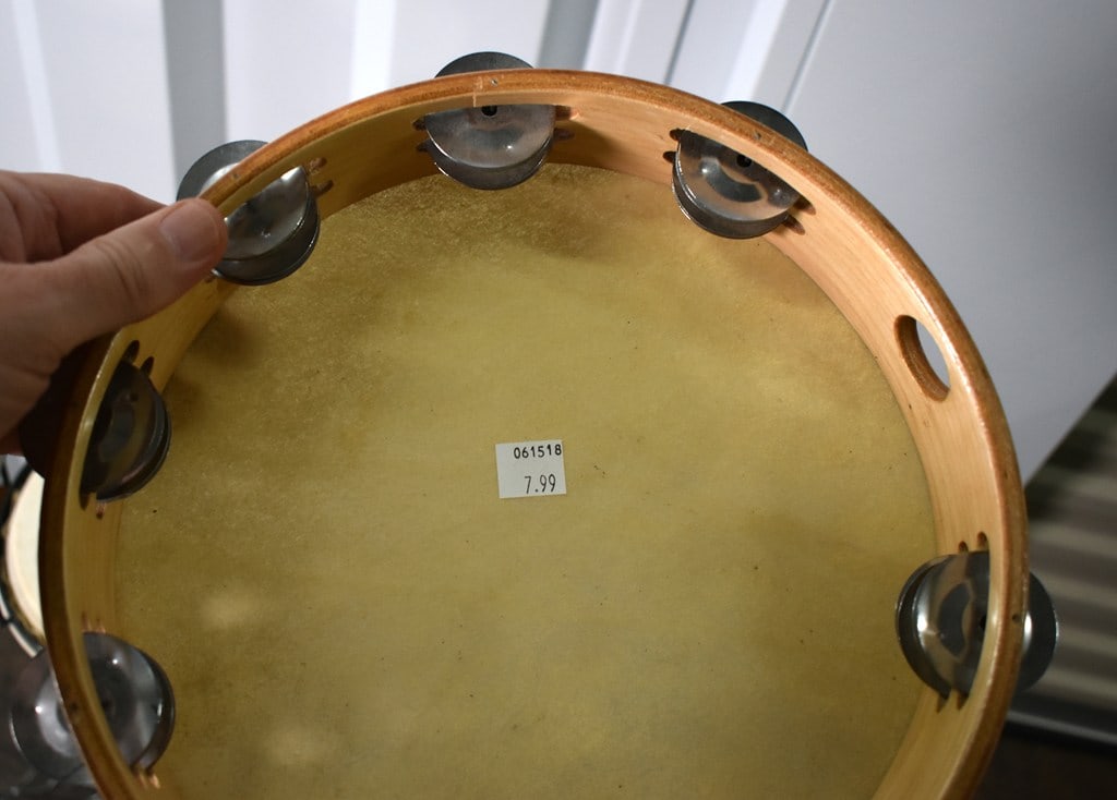 Wooden Bongo Set on Chrome Stand and Two Hand Tambourines - 8