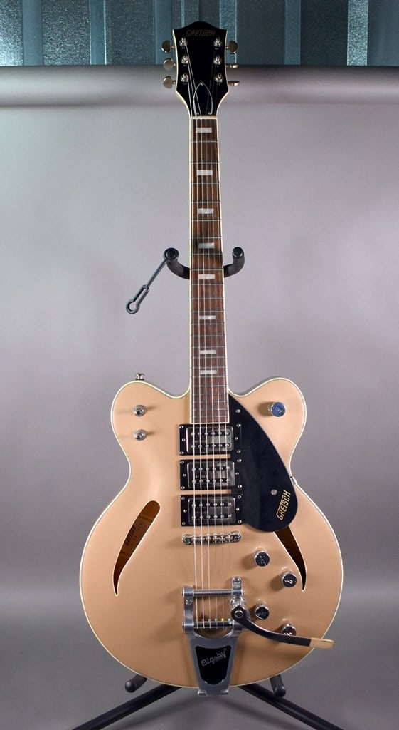 2019 Gretsch G2627T/SHRL Streamliner Center Block Electric Guitar, Shoreline Gold, Bigsby B70: Excellent condition. Has 3 Gretsch Broad'Tron BT-2S humbucker pickups & Bigsby B70 vibrato tailpiece. Serial no. is IS191202753 (made in Indonesia). Please read “Auction Details” /
