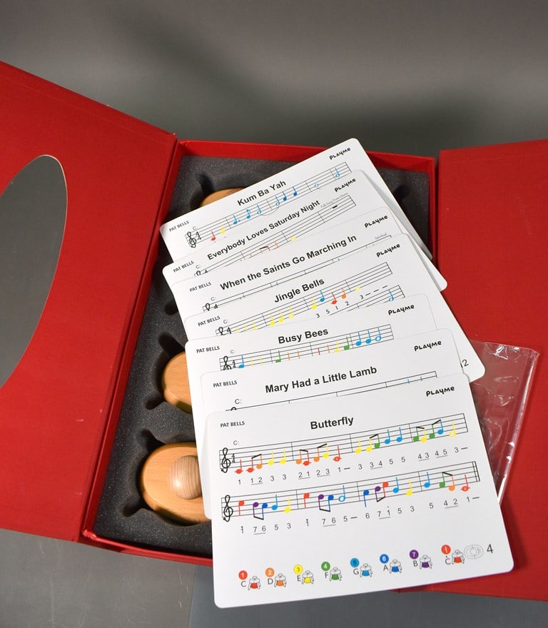 Modern Playme Pat Bells 8-Diatonic Color-Coded Bell Set with Music Cards and Box - 6