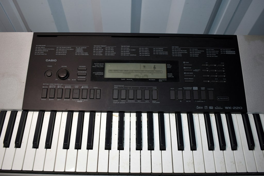 Pair of Casio WK-220 76-Key Portable Keyboards & Stands and One Bench Seat - 14