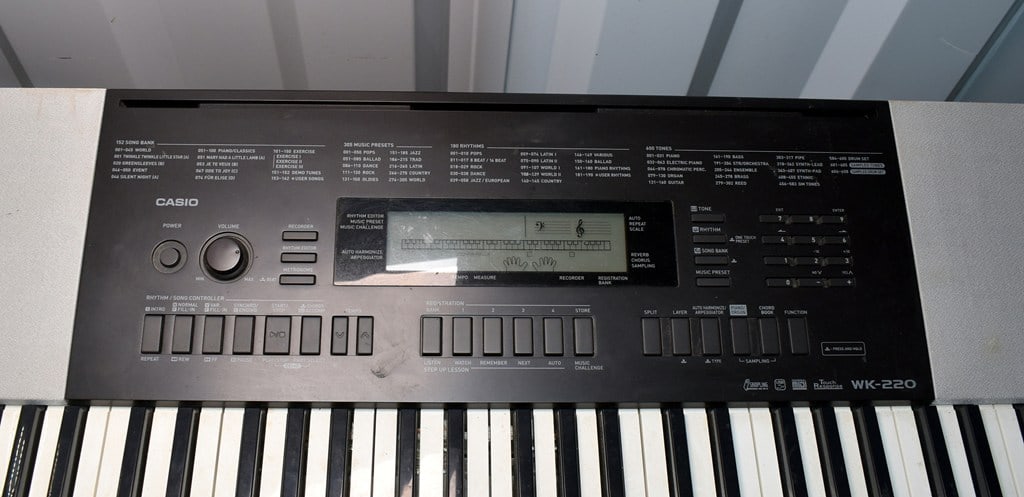 Pair of Casio WK-220 76-Key Portable Keyboards & Stands and One Bench Seat - 4