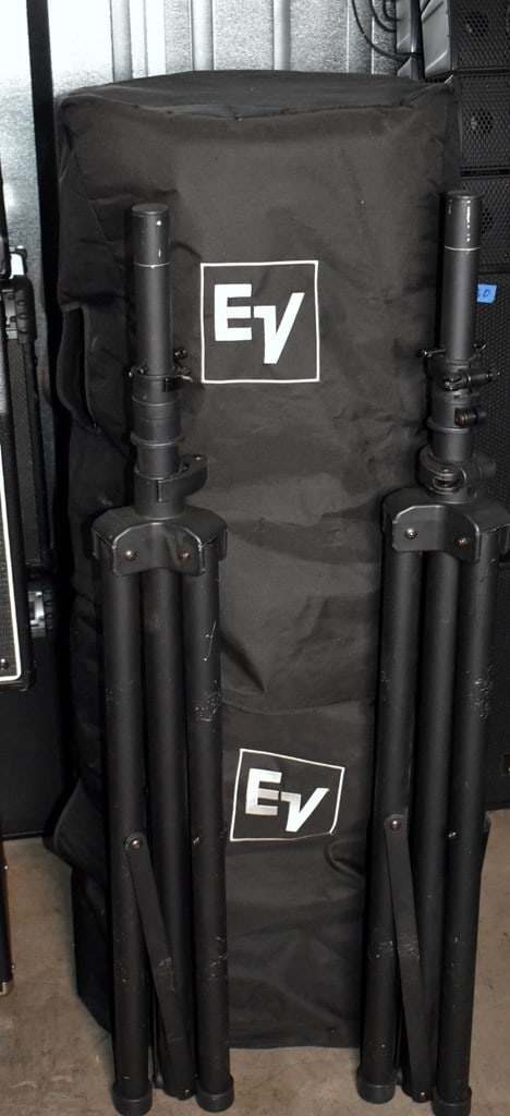 EV SxA (Electro-Voice), 150W LF/50W HF RMS Public Address/DJ/Stage Speaker System w/ Tripod Stands